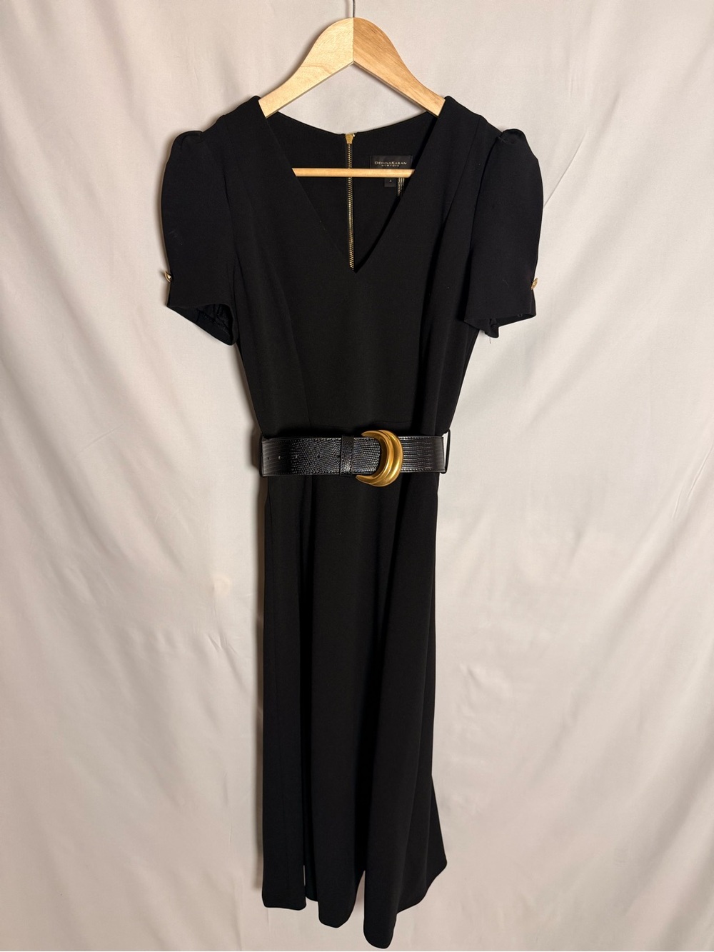 Donna Karan Black Midi Dress with Gold Buckle Belt